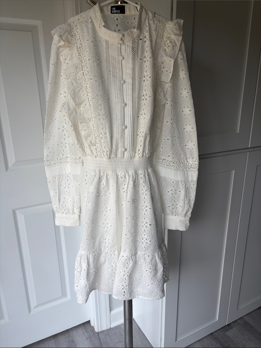 The Kooples White Eyelet Broderie Anglaise Long-Sleeve Mini Dress, Size 0 (XS).